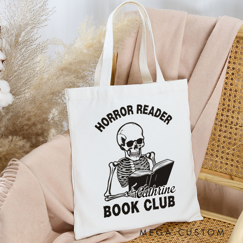 Personalized Horror Reader Book Club Tote Bag Custom Skull Bag with Name Bookish Halloween Bag Book Lover Gift Halloween Gift
