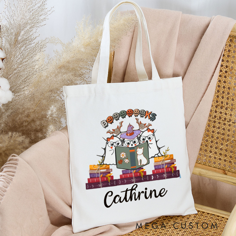 Personalized Halloween Books Tote Bag Custom Cute Ghost and Bat Reading Bag with Name Witch Ghost Bag Book Lover Gift Halloween Gift