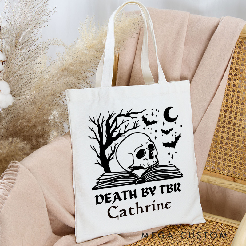 Personalized Death by TBR Tote Bag Custom Horror Reader Bag with Name Skull and Bat Book Bag Book Lover Gift Halloween Gift Bookish Gift