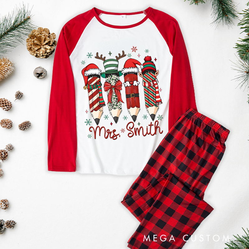 Personalized Teacher Christmas Pajama Sets Custom Cute Pencil Design Pajamas Xmas Gift