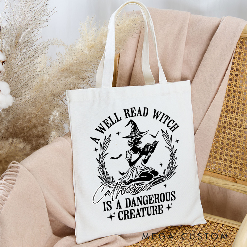 Personalized a Well Read Witch is a Dangerous Creature Tote Bag Custom Witchy Reader Bag with Name Book Lover Gift Halloween Gift Bookish Gift