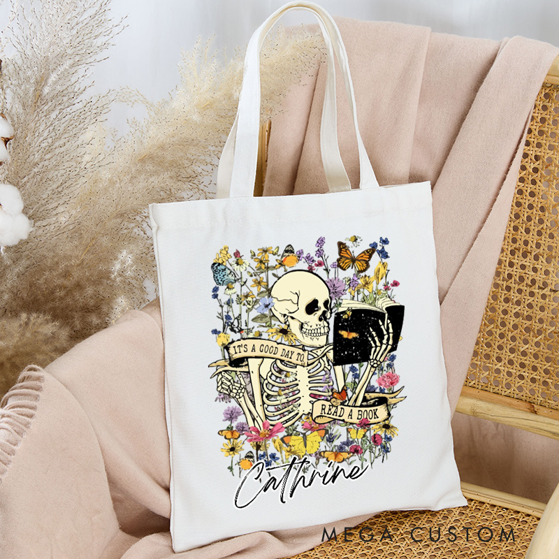 Personalized It's a Good Day to Read a Book Tote Bag Custom Halloween Reading Skeleton Bag with Name Book Lover Gift Halloween Gift Bookish Gift