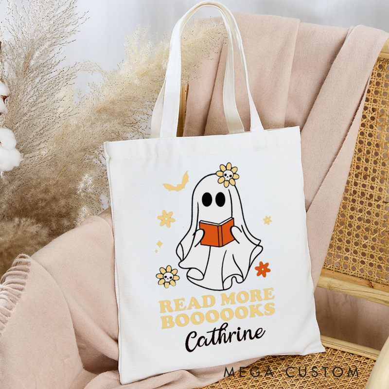 Personalized Read More Books Tote Bag Custom Halloween Reading Ghost Bag with Name Book Lover Gift Halloween Gift Bookish Gift