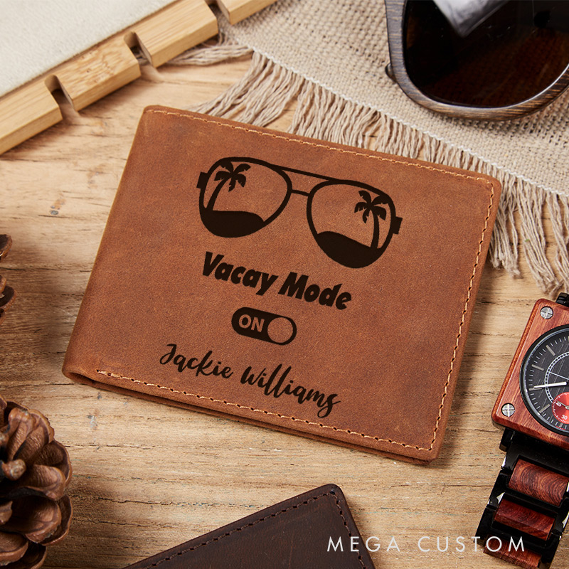 Personalized Vacay Mode On Engraved Leather Wallet for Traveling Gift for Travelers Vacation Wallet