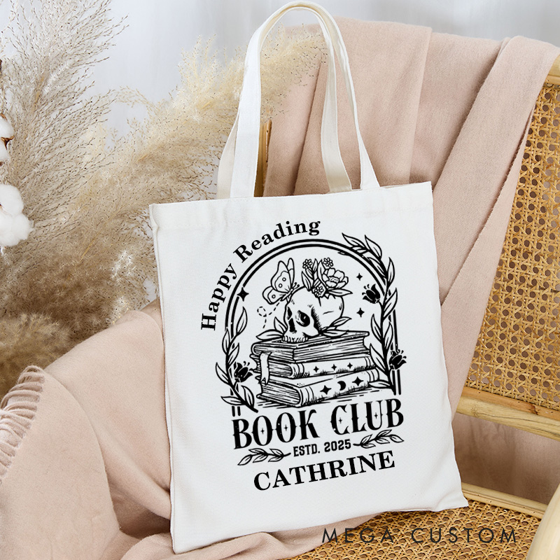 Personalized Reading Book Club Tote Bag Custom Skull Book Bag with Name Spooky Bookish Bag Book Lover Gift Halloween Gift Bookish Gift