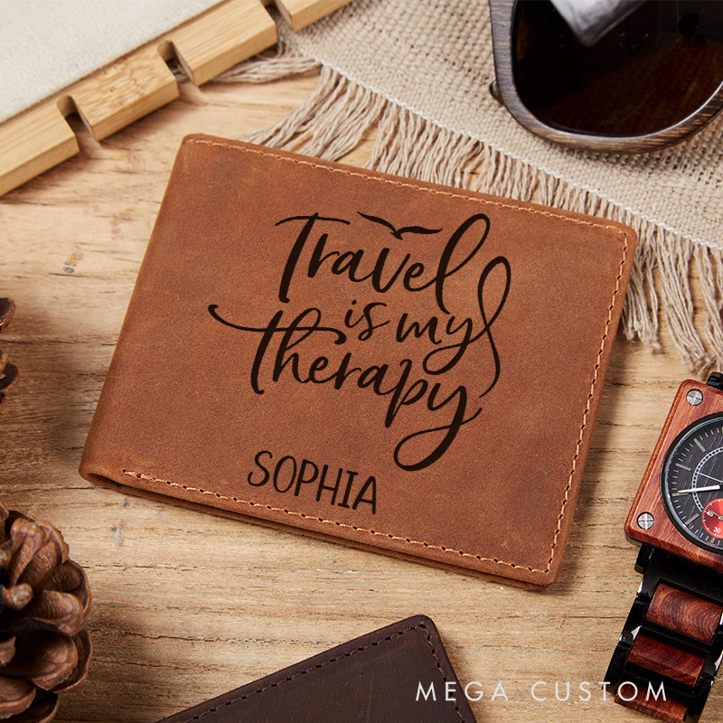 Personalized Travel is My Therapy Engraved Leather Wallet for Traveling Gift for Travelers