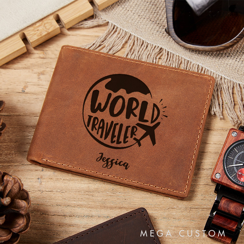 Personalized World Traveler Engraved Leather Wallet for Traveling Gift for Travelers Adventure Wallet