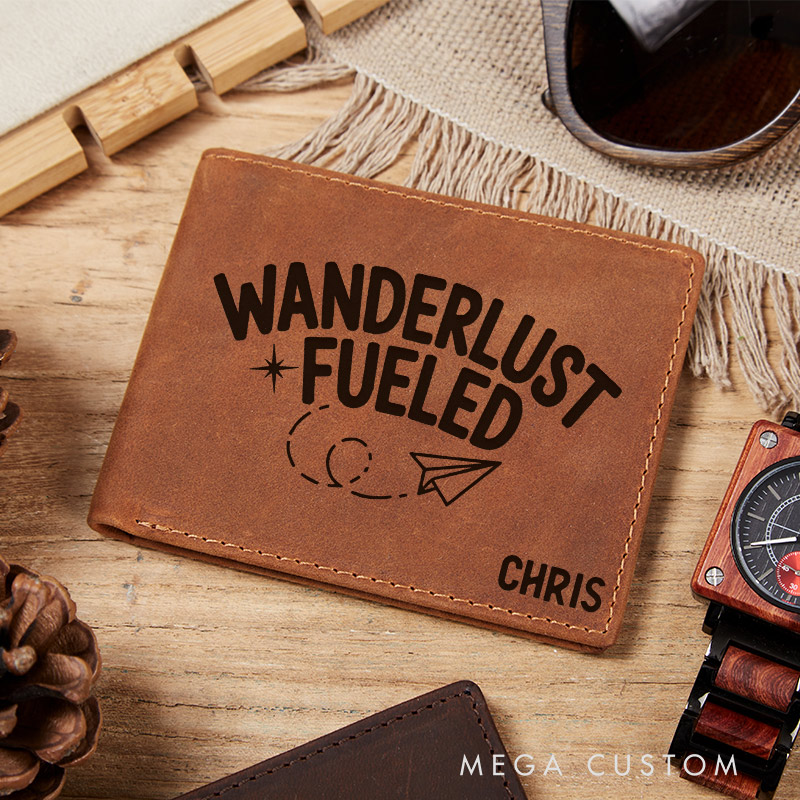 Personalized Wanderlust Fueled Engraved Leather Wallet for Traveling Gift for Travelers Adventure Wallet