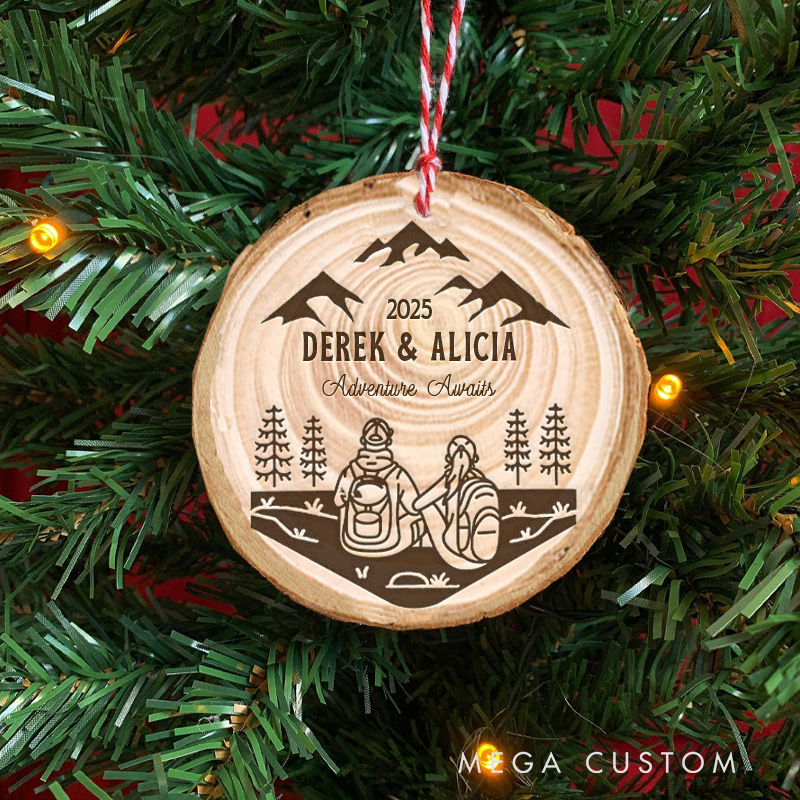 Personalized Hiking Couple Christmas Ornament Adventure Awaits Custom Outdoors Gifts for Camper Hikers