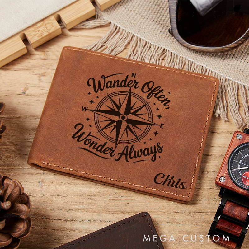 Personalized Wander Often Wonder Always Engraved Leather Wallet for Traveling Gift for Travelers