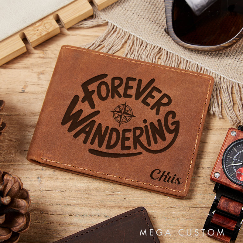 Personalized Forever Wandering Engraved Leather Wallet for Traveling Gift for Travelers 