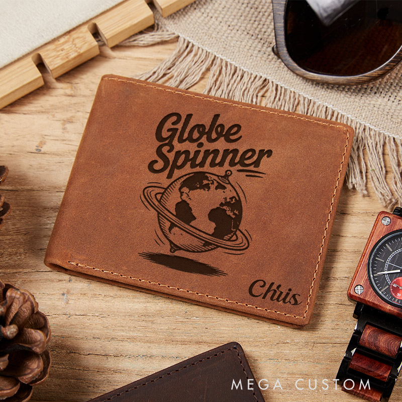 Personalized Globe Spinner Engraved Leather Wallet for Traveling Gift for Travelers Adventure Lover Wallet
