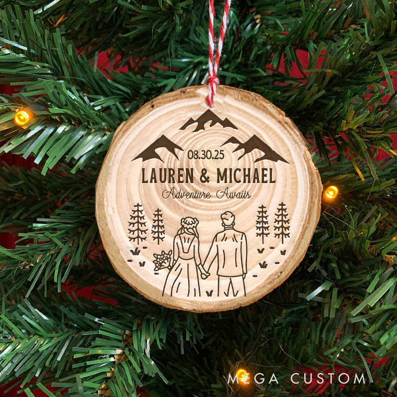 Personalized Outdoor Couple Christmas Ornament Wood Engraved Adventure Awaits Gifts for Camper Hikers