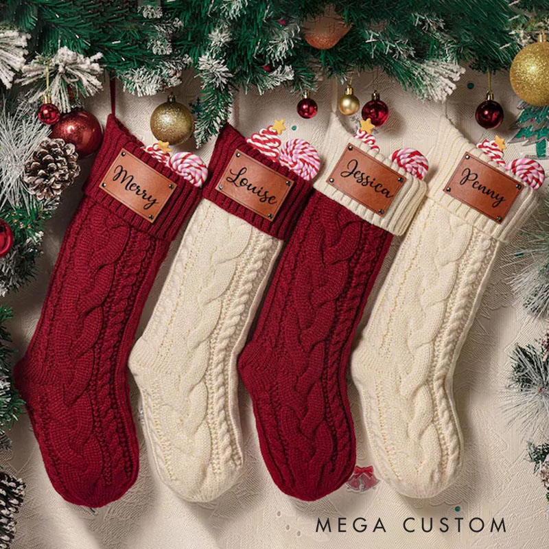 Personalized Engraved Leather Patch Stockings Christmas Stockings with Name Holiday Gift