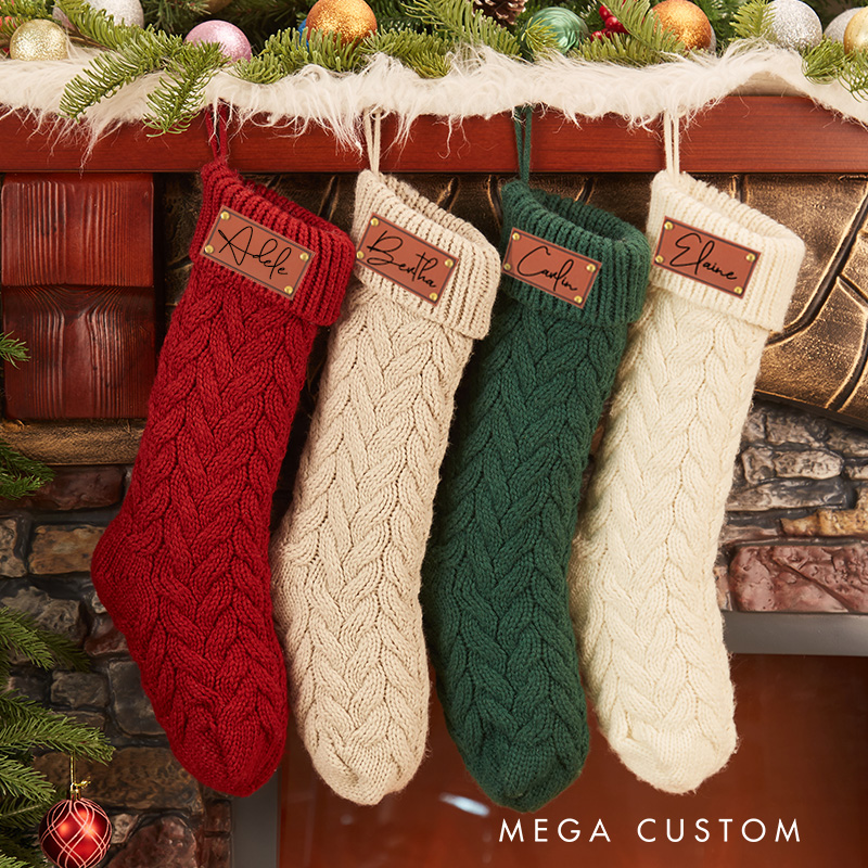 Personalized Family Christmas Stockings 2025 Family Stockings with Name Leather Patch Knitted Stockings Holiday Stockings Christmas Gifts