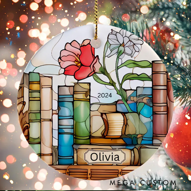 Personalized Book and Flower Christmas Ornament Librarian Ornament with Name Bookish Ornaments for Book Lovers Gift Librarian Gift