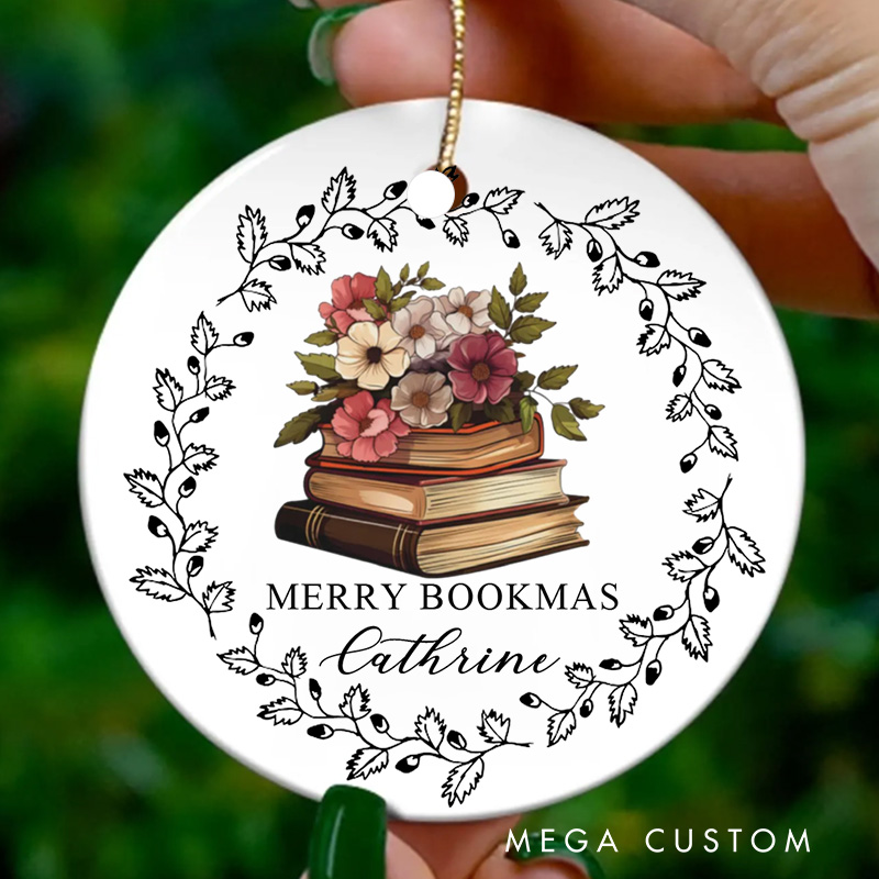 Personalized Flowers Books Christmas Ornament Reading Lover Ornament with Name Holiday Decor for Book Lovers Gift Librarian Gift