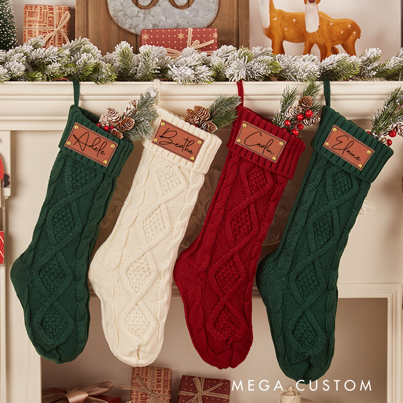 Personalized Family Christmas Stocking 2025 Family Stockings with Name Leather Patch Knitted Stockings Holiday Stockings Christmas Gifts