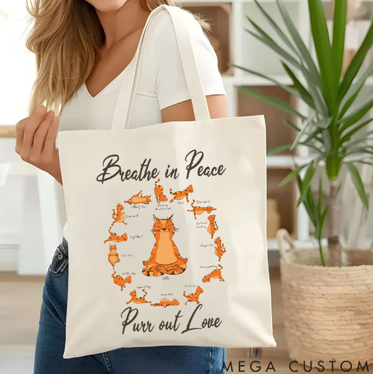 Personalized Yoga Cat Tote Bag with Breathe in Peace Purr out Love Design Yoga Tote Bag Gift Idea for Yoga Lover