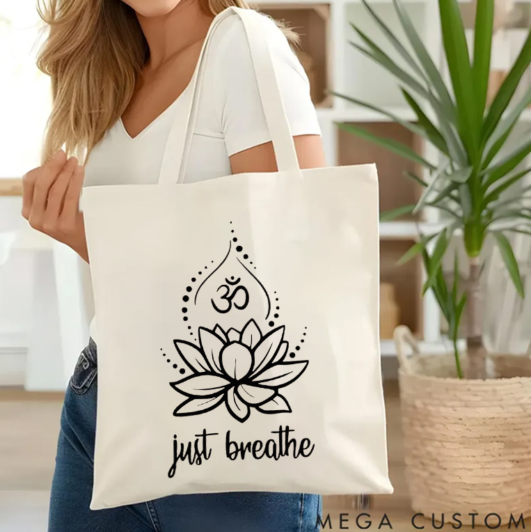 Personalized Tote Bag with Lotus and Om Design Just Breathe Tote Bag Yoga Gifts Yoga Tote Bag Gift Idea for Yoga Lover