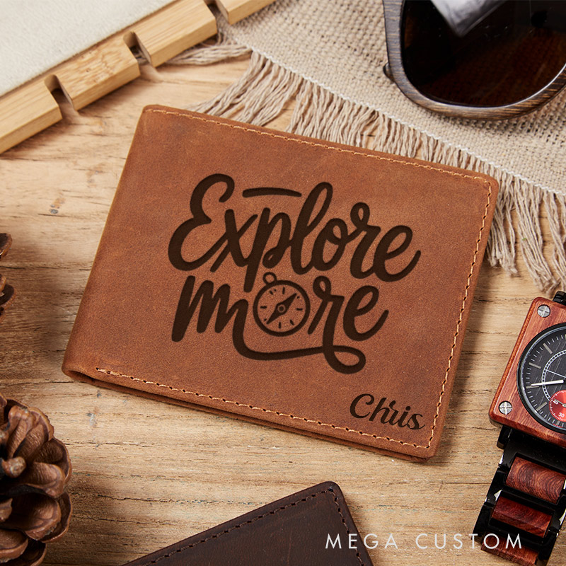 Personalized Explore More Engraved Leather Wallet for Traveling Gift for Travelers Adventure Lover Wallet