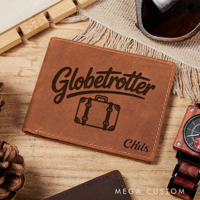 Personalized Globetrotter Engraved Leather Wallet for Traveling Gift for Travelers Adventure Lover Wallet
