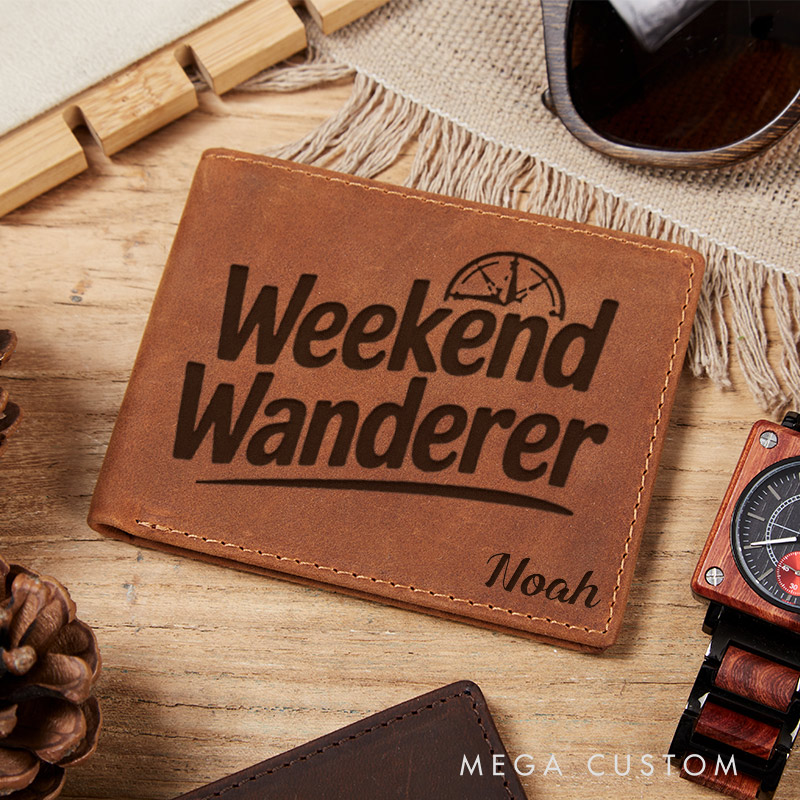 Personalized Weekend Wanderer Engraved Leather Wallet for Traveling Gift for Travelers Adventure Lover Wallet