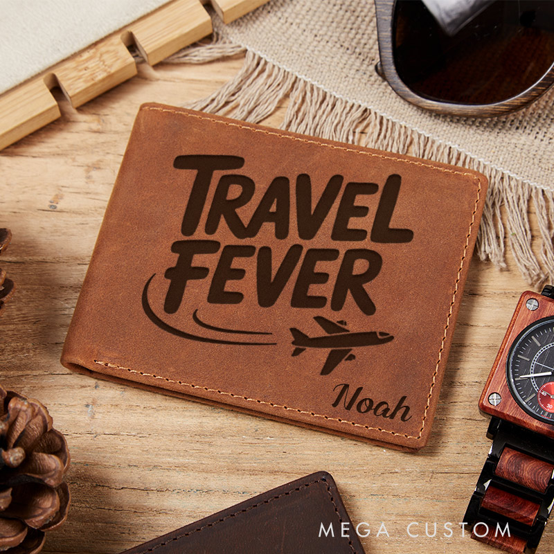 Personalized Travel Fever Engraved Leather Wallet for Traveling Gift for Travelers Adventure Lover Wallet