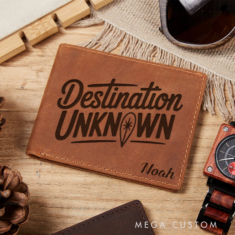 Personalized Destination Unknown Engraved Leather Wallet for Traveling Gift for Travelers Adventure Lover Wallet