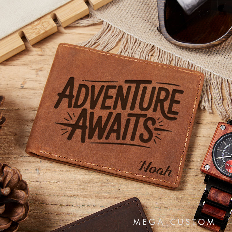 Personalized Adventure Awaits Engraved Leather Wallet for Traveling Gift for Travelers Gift For Men Explorer Style