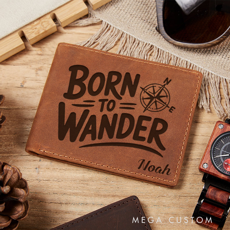 Personalized Born to Wander Engraved Leather Wallet for Traveling Gift for Travelers Gift For Men Explorer Style