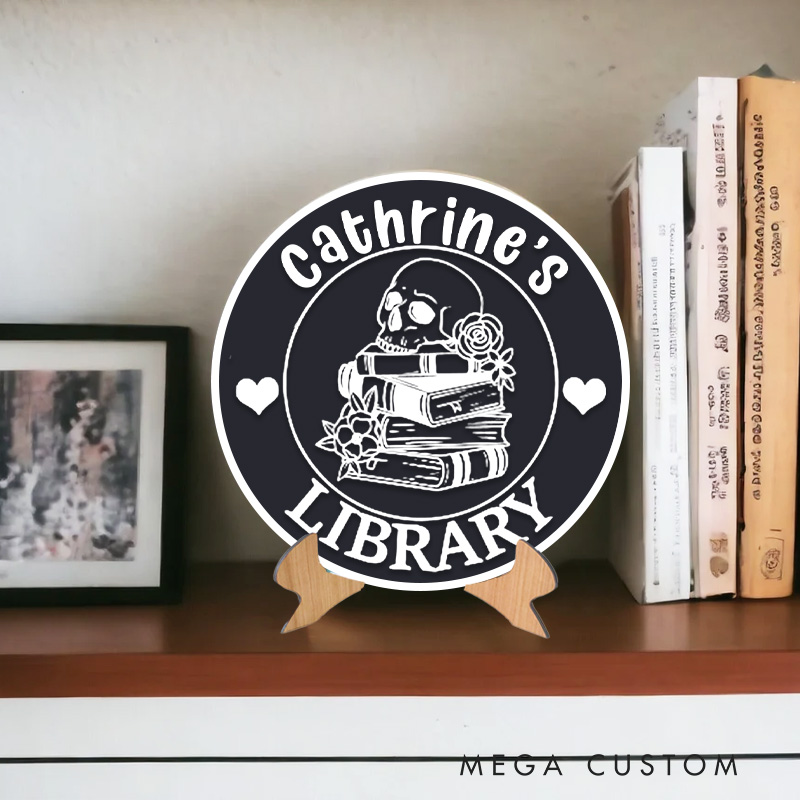 Personalized Book and Skull Library Sign Bookish Table Decor 3D Printed Bookish Bookshelf Sign with Stand for Book Lover Gift Librarian Gift