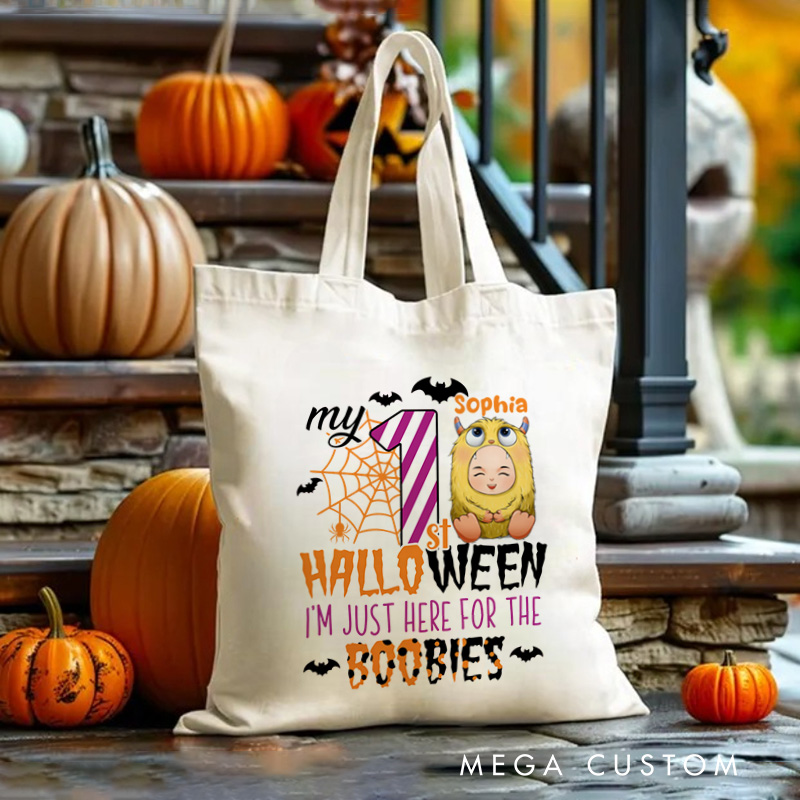 Personalized Kids Halloween Tote with Name Girl Boy Goodie Trick Or Treat Tote Bag for Kids Gift for Halloween