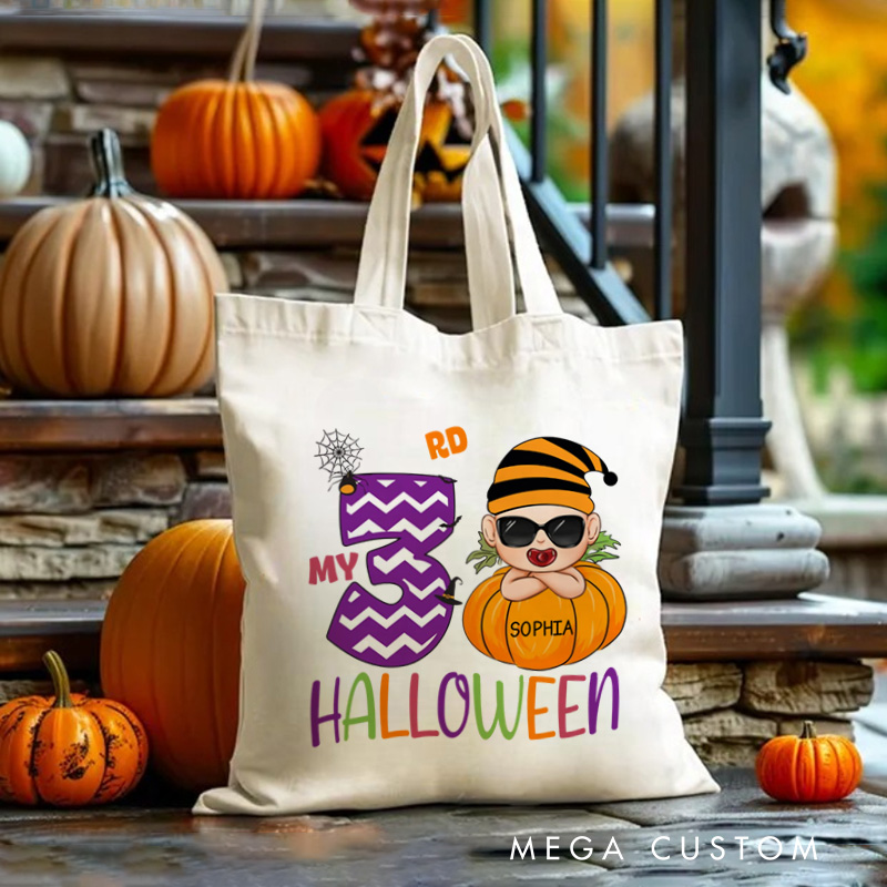 Personalized Kids Halloween Tote with Name Girl Boy Goodie Trick Or Treat Tote Bag for Kids Gifts for Halloween