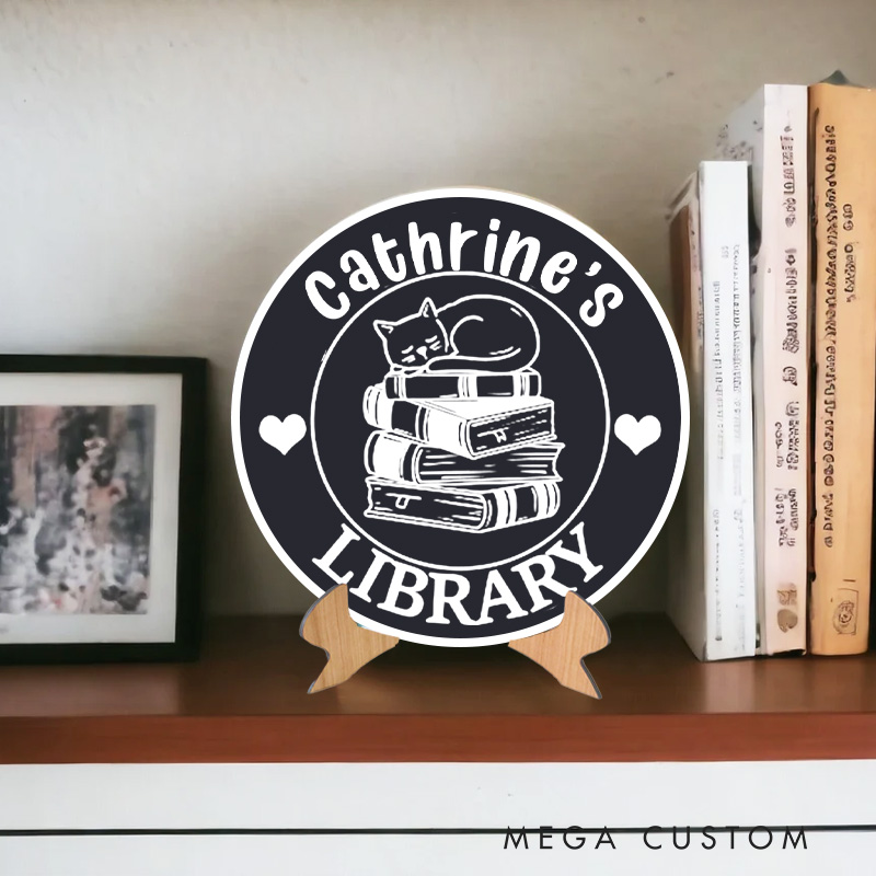 Personalized Book and Cat Library Sign Bookish Table Decor 3D Printed Bookish Bookshelf Sign with Stand for Book Lover Gift for Librarian