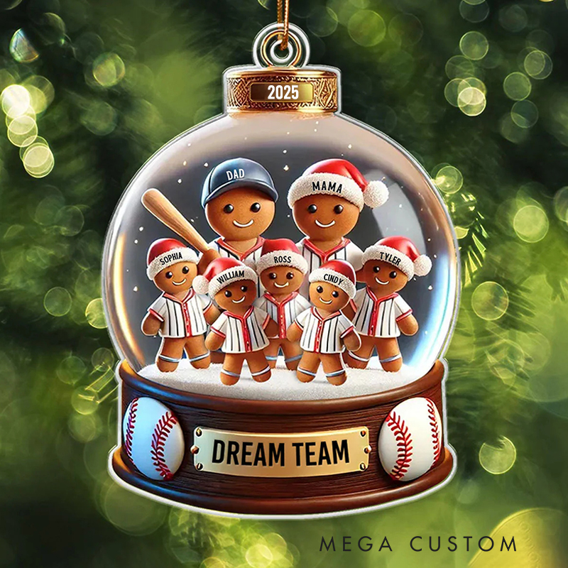 Personalized Acrylic Baseball Themed Christmas Ornament Featuring Gingerbread Family
