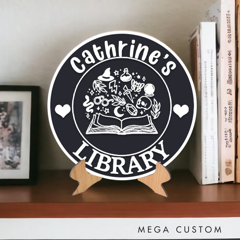 Personalized Skull and Witchy Hat Library Sign Bookish Halloween Table Decor 3D Printed Bookish Bookshelf Sign with Stand for Book Lover Gift Librarian Gift