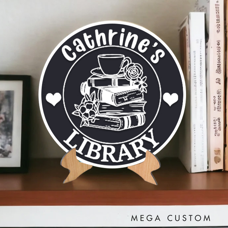 Personalized Flower Book and Coffee Library Sign Bookish Custom Table Decor 3D Printed Bookish Bookshelf Sign with Stand for Book Lover Gift Librarian Gift