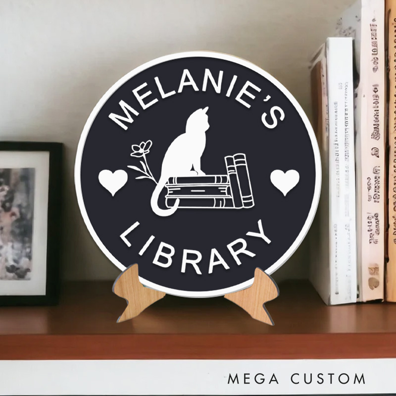 Personalized Cat and Flower Book Library Sign 3D Printed Bookish Table Decor Bookish Bookshelf Sign with Stand for Book Lover Gift Librarian Gift