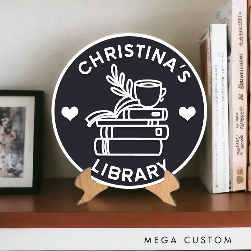 Personalized 3D Printed Book and Coffee Library Sign with Name Bookish Table Decor with Stand Bookish Bookshelf Sign Book Lover Gift for Librarian
