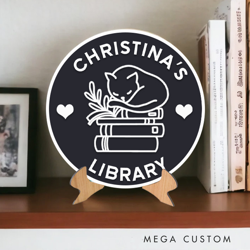 Personalized 3D Printed Book and Sleep Cat Library Sign with Name Bookish Table Decor with Stand Bookish Decor Sign Book Lover Gift for Librarian