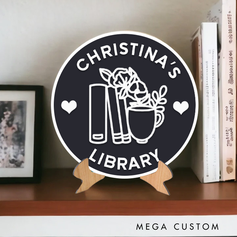 Personalized Book and Flower Cup Library Sign Bookish Table Decor with Name 3D Printed Bookish Decor Sign with Stand for Book Lover Gift Librarian Gift