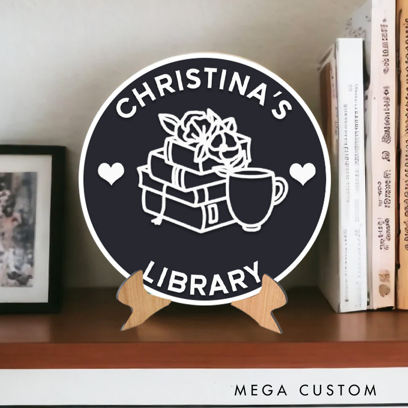 Personalized 3D Printed Book and Cup Library Sign with Name Table Decor with Stand Bookish Decor Sign Book Lover Gift for Librarian