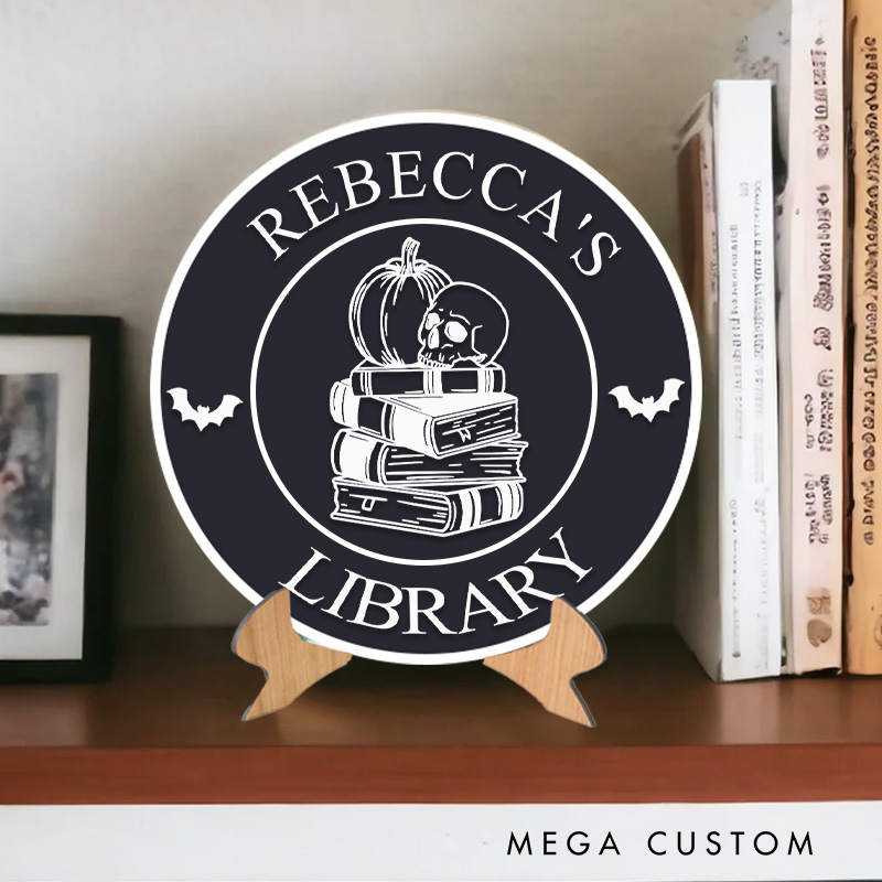 Personalized Skull and Book Library Sign 3D Printed Bookish Table Decor with Name Halloween Book Nook with Stand for Book Lover Gift Librarian Gift