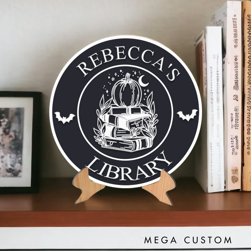 Personalized Skull and Book Library Sign 3D Printed Name Bookish Table Decor Pumpkin Book Nook with Stand for Book Lover Gift Librarian Halloween Gift