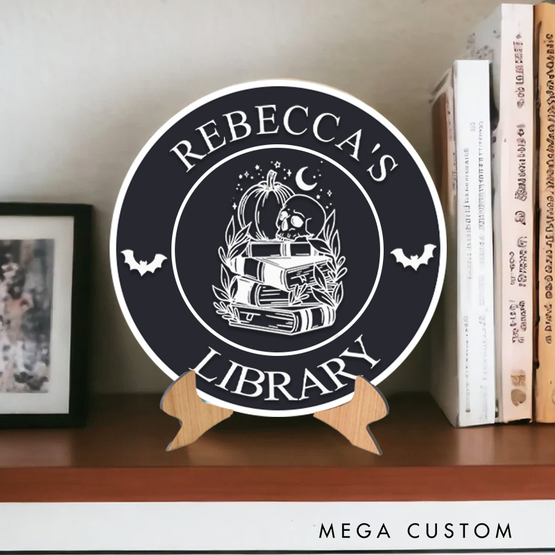 Personalized 3D Printed Pumpkin and Skull Name Library Sign Halloween Bookish Decor with Stand Book Nook Decor Book Lover Gift for Librarian Gift