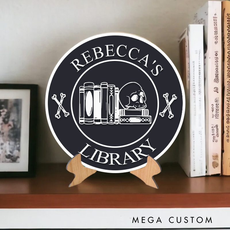 Personalized Book and Skull Library Sign 3D Printed Halloween Bookish Decor Book Nook Table Decor with Stand Book Lover Gift Librarian Halloween Gift