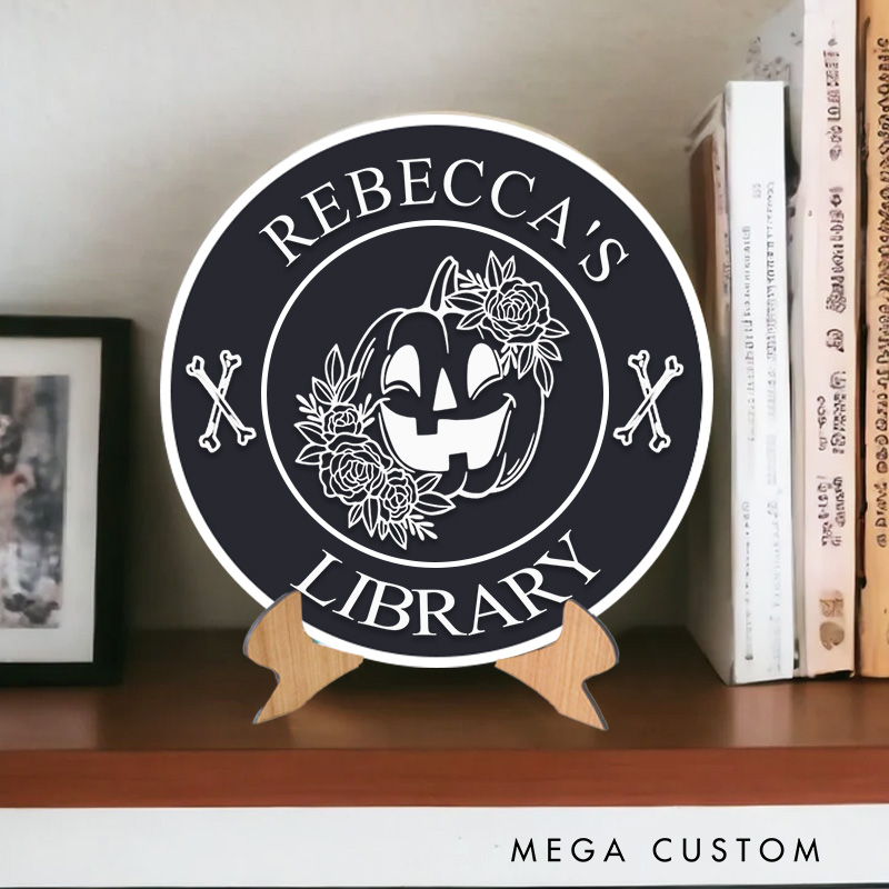 Personalized Halloween Pumpkin Name Library Sign 3D Printed Bookish Decor with Stand Book Nook Decor Book Lover Gift for Librarian Gift