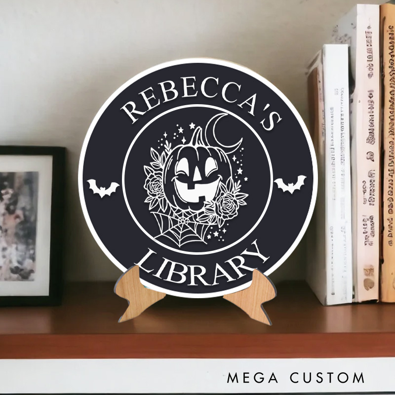 Personalized 3D Printed Flower Pumpkin Library Sign Halloween Name Bookish Decor with Stand Book Nook Decor Book Lover Gift Librarian Halloween Gift
