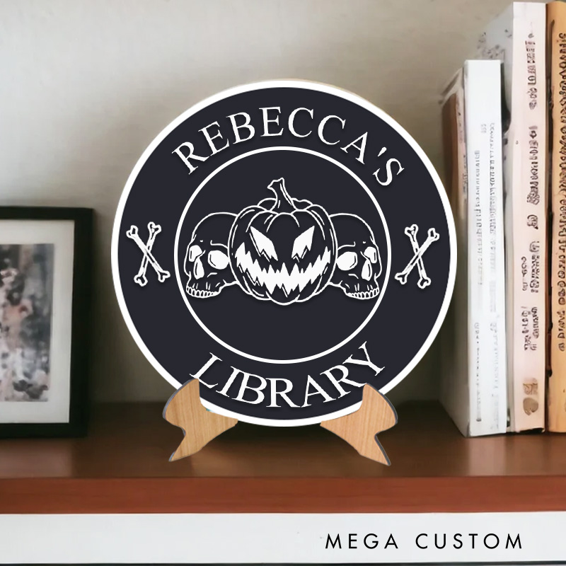 Personalized 3D Printed Skull and Pumpkin Library Sign Halloween Name Bookish Decor with Stand Horror Book Nook Decor Book Lover Gift Librarian Gift